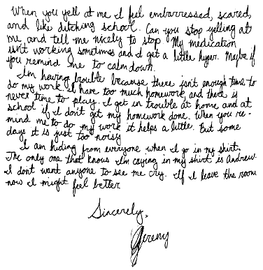 A handwritten letter from Jeremy sharing his feelings