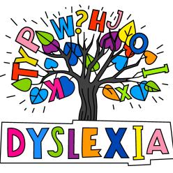 Drawing of a tree filled with letters above the word Dyslexia