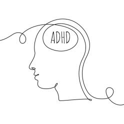 A line drawing of a head with ADHD written inside