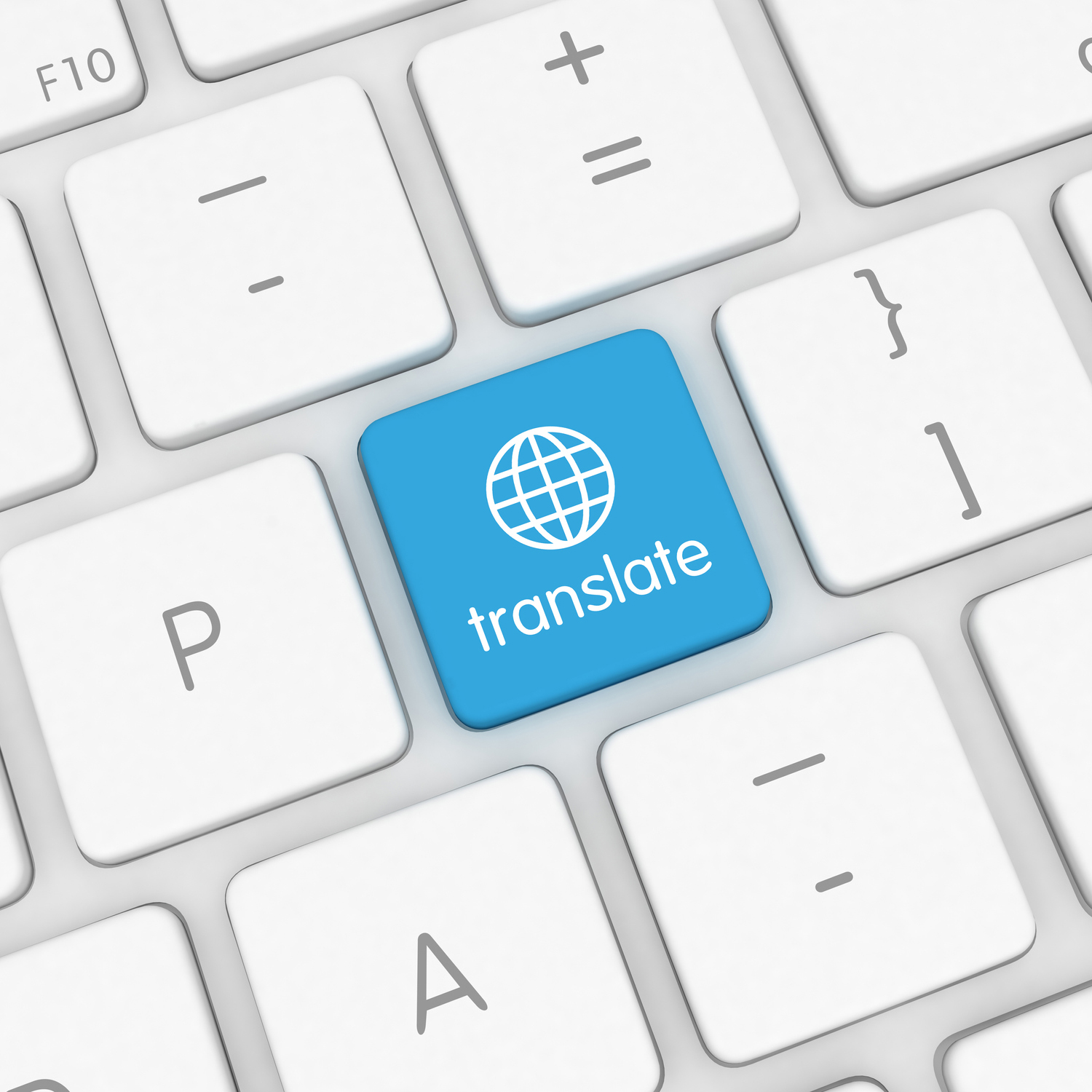 A blue translate button on a white keyboard